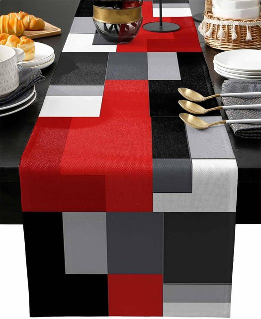 JINGYUE Pet Tischläufer aus Leinen mit geometrischem Design in Rot, Schwarz, Grau und Weiß, B: 150 cm, T: 33 cm - Bild 1