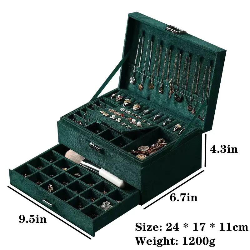 ANGLANG Schmuckkasten für Damen mit Schloss aus Samt, 3-schichtiger Schmuck Organizer für Ringe und Halsketten, Schwarz oder Grün - Bild 4