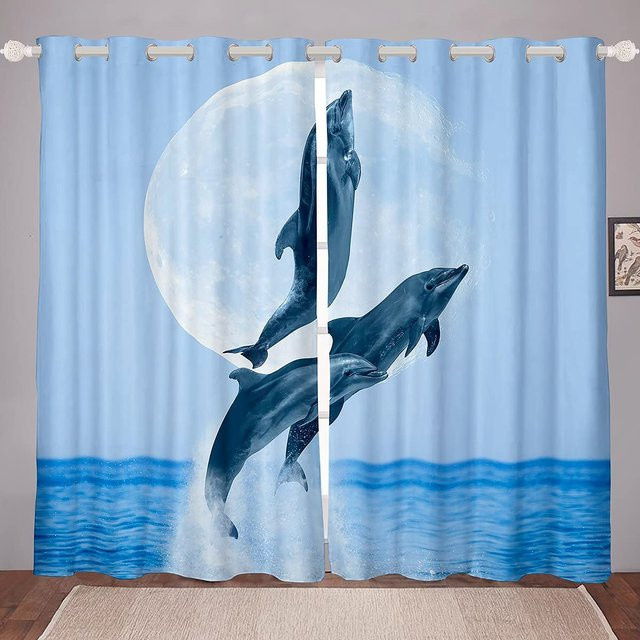 Yiran Furniture Vorhänge mit Delfin-Motiv in Blau, 2er-Set, lichtfilternd, B: 55 cm, H: 120 cm - Bild 1