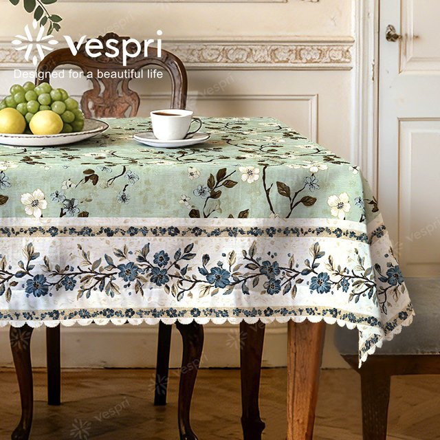 Vespri Florale Oster-Tischdecke Hellgrün mit weißen Blumen und Blättern aus Polyester für Partys und Feste - Bild 1