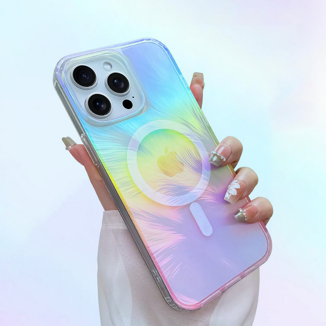 Transparente iPhone Hülle mit MagSafe und schillernden Federn im Bling-Design für Apple iPhone 17, 16, 15, 14, 13, 12 Pro - Bild 1