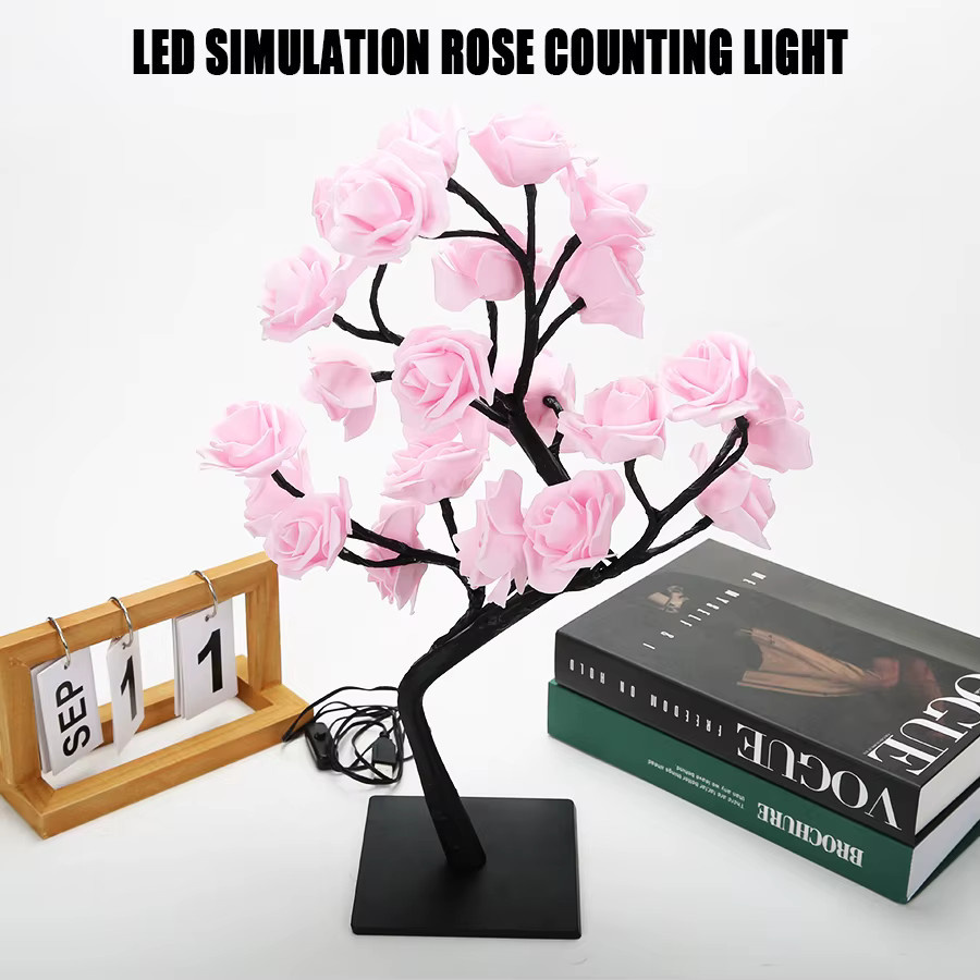 NEWBIRTH Rosenbaum Schreibtischlampe mit 24 LED, künstliche Blumen als Nachtlicht in Pink, USB-betrieben, ideale Dekoration für Schlafzimmer, Hochzeit oder Valentinstag - Bild 2