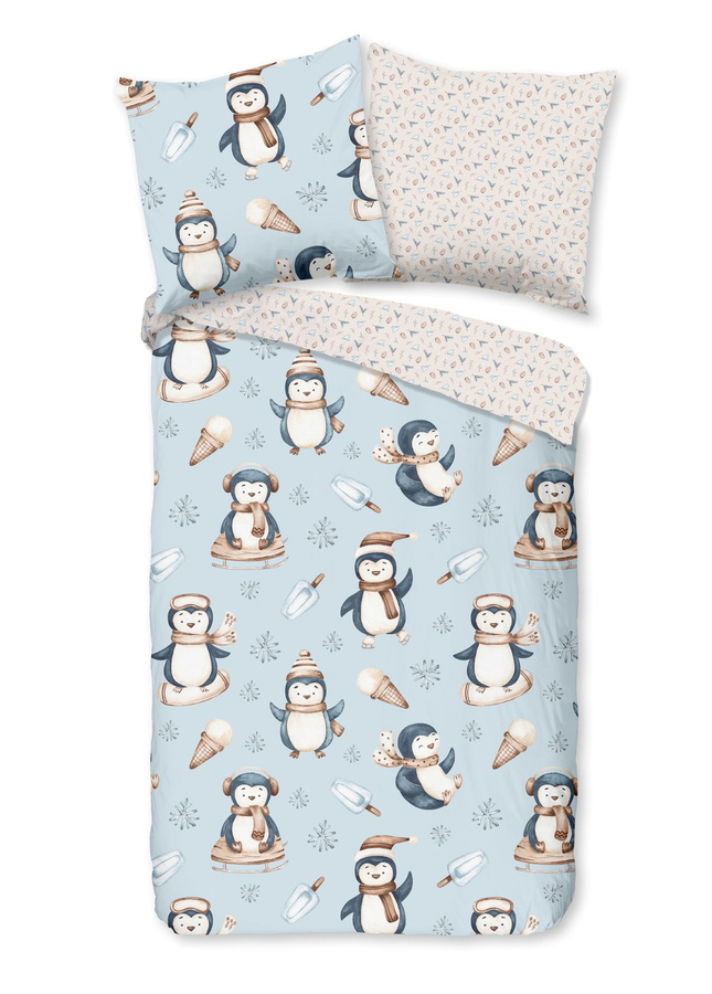Good Morning Kids Flanell Bettwäsche Jani Pinguine Eis blau beige, B/H: 135 x 200 cm mit Kissenbezug 80 x 80 cm - Bild 1