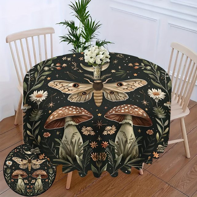 VIKAMA Tischdecke Rund mit Skandinavischem Mori Motten und Pilz Design, Wasserdicht und Fleckenabweisend, Mehrfarbig, Durchmesser: 150 cm - Bild 1