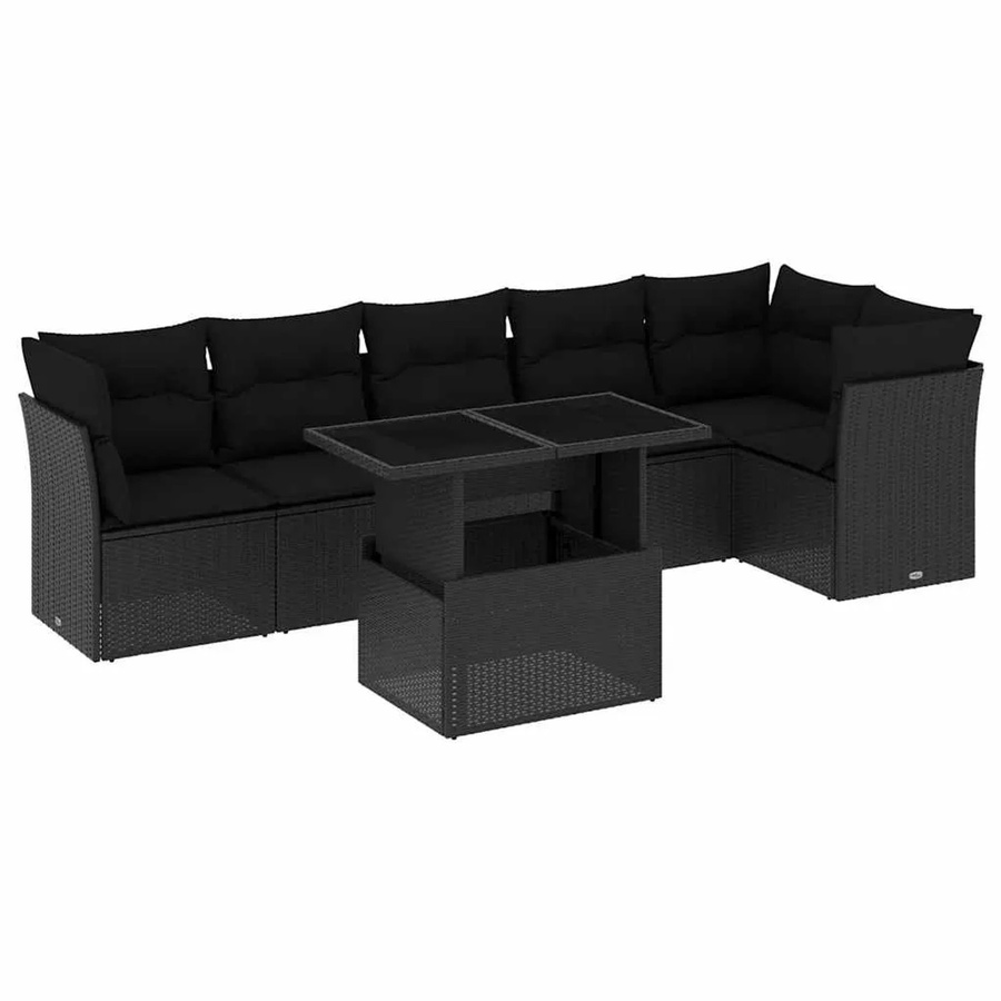vidaXL 7-teilige Garten-Sofagarnitur in L-Form aus schwarzem Poly-Rattan mit Kissen und Gartentisch - Bild 2