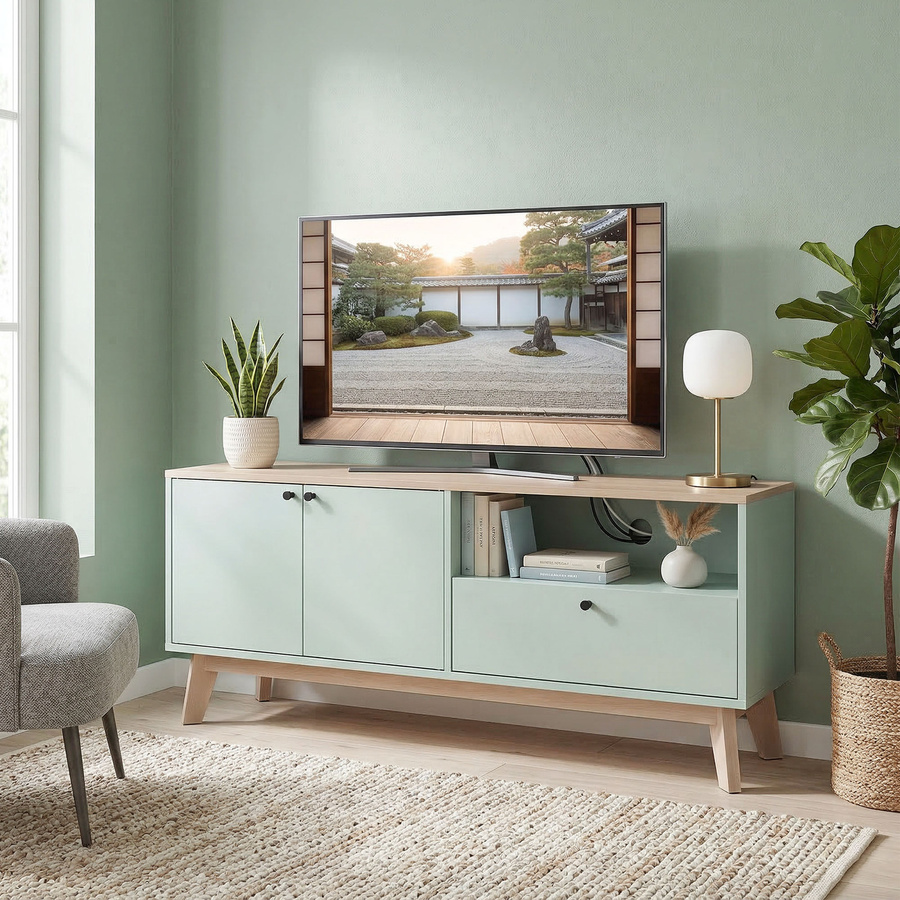 HOMCOM TV-Möbel in Hellgrün mit 2 Türen, Schublade und verstellbarem Regal, Breite: 120 cm - Bild 2