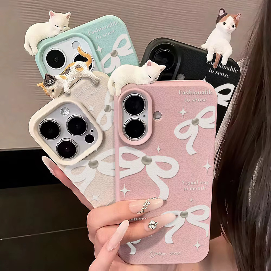 Stoßfeste iPhone Schutzhülle aus Leder mit weißer Schleife und süßem 3D-Katzen-Design für Apple iPhone 11 bis 17 Pro Max Modelle, Farbe: Weiß - Bild 5