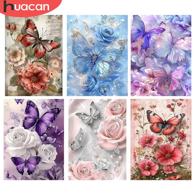 HUACAN 5D Diamantgemälde Set mit Schmetterling und Blumen-Motiv, buntes Mosaik-Kunstkit für Erwachsene, Durchmesser: 30,0 cm - Bild 1