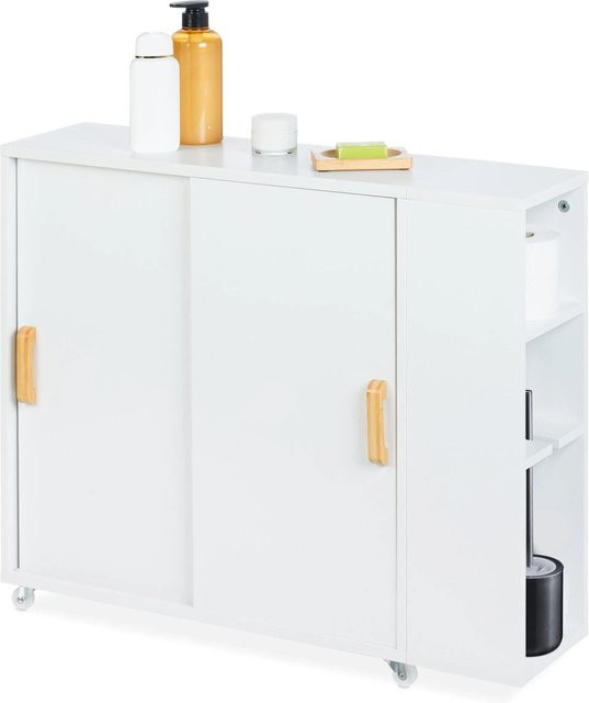 Relaxdays Nischenschrank aus MDF und Bambus in Weiß mit Rollen, B/T/H: 62 x 19,5 x 64 cm - Bild 1