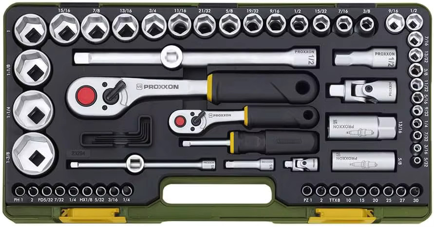PROXXON Steckschlüsselsatz 65-teilig mit 1/4'' und 1/2'' Umschaltratsche sowie Schraubendrehergriff - Bild 3