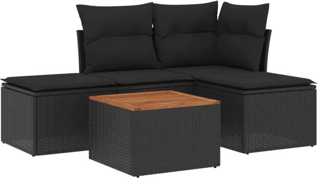 vidaXL 5-tlg Garten-Sofagarnitur aus Polyrattan in Schwarz mit Kissen und Metallgestell - Bild 1