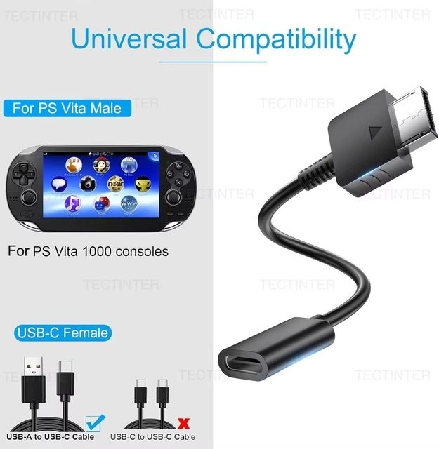 TECTINTER USB-C Ladeadapter für PS Vita 1000 Konsole, Typ-C LED Stromkonverter-Kabel, Schwarz - Bild 1