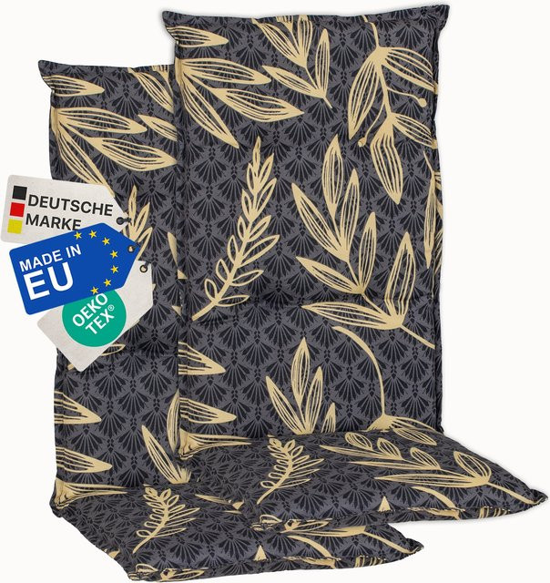 NYVI Gartenstuhl-Auflage Barcelona Hochlehnerauflage für Gartenstühle 2er Set Goldene Blätter in Grau und Gold - Bild 1
