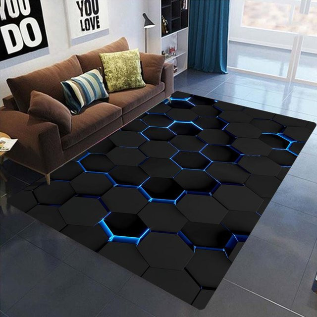 Karpetti Geometrischer 3D-Teppich mit Sechseck-Neon-Design, Schwarz, B/B: 120 x 80 cm - Bild 1