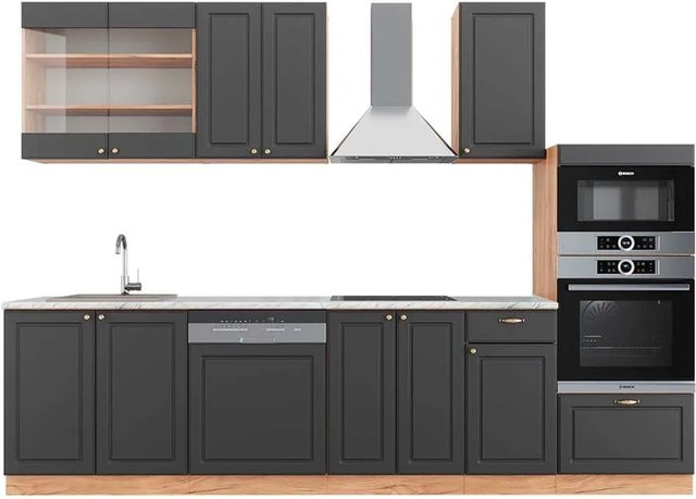 Vicco Fame-Line Küchenzeile Landhausstil in Anthrazit und Eiche mit Hochschrank und Marmor-Arbeitsplatte, Breite: 300 cm - Bild 1