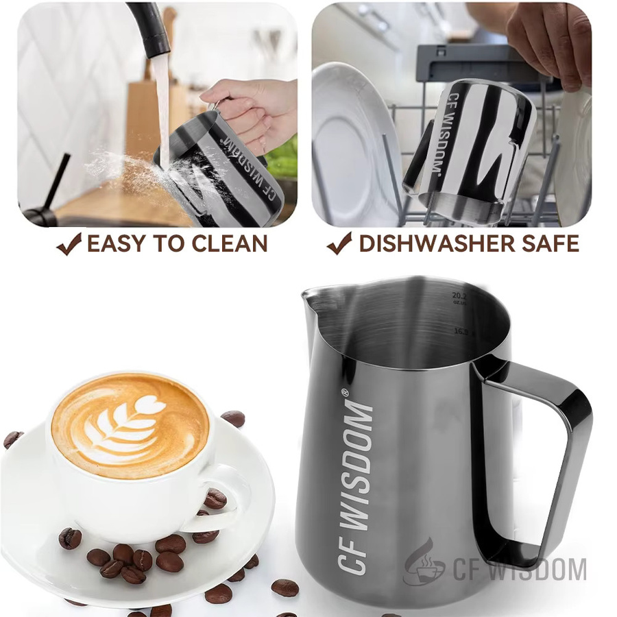 CF Wisdom Espresso-Milchaufschäumkrug mit Krokodil-Auslauf-Design aus Edelstahl, 600 ml, Schwarz/Silber - Bild 4