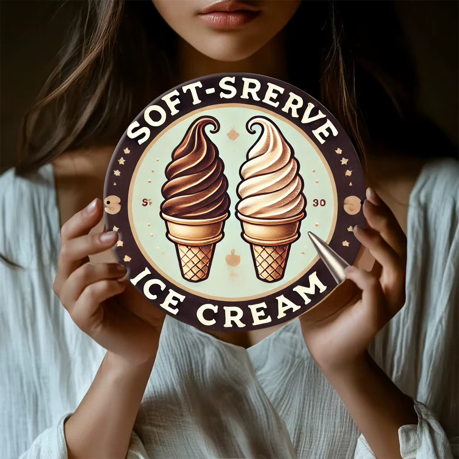 Potdemiel Vintage Soft-Serve Ice Cream Aluminium Wanddeko, runde Metall-Zierplatte mit Typografie-Design, Mehrfarbig, Durchmesser: 20 cm - Bild 3