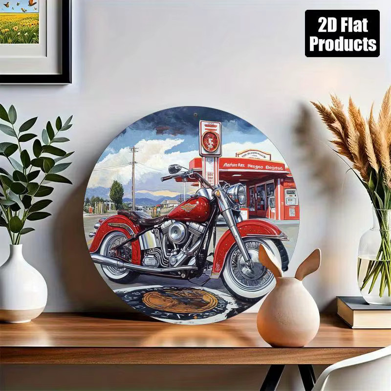Potdemiel Davidson Motorrad & Vintage Tankstelle Aluminium Wandkunst, rundes Retro-Americana-Dekor aus Metall, Mehrfarbig, Durchmesser: 20,32 cm - Bild 5