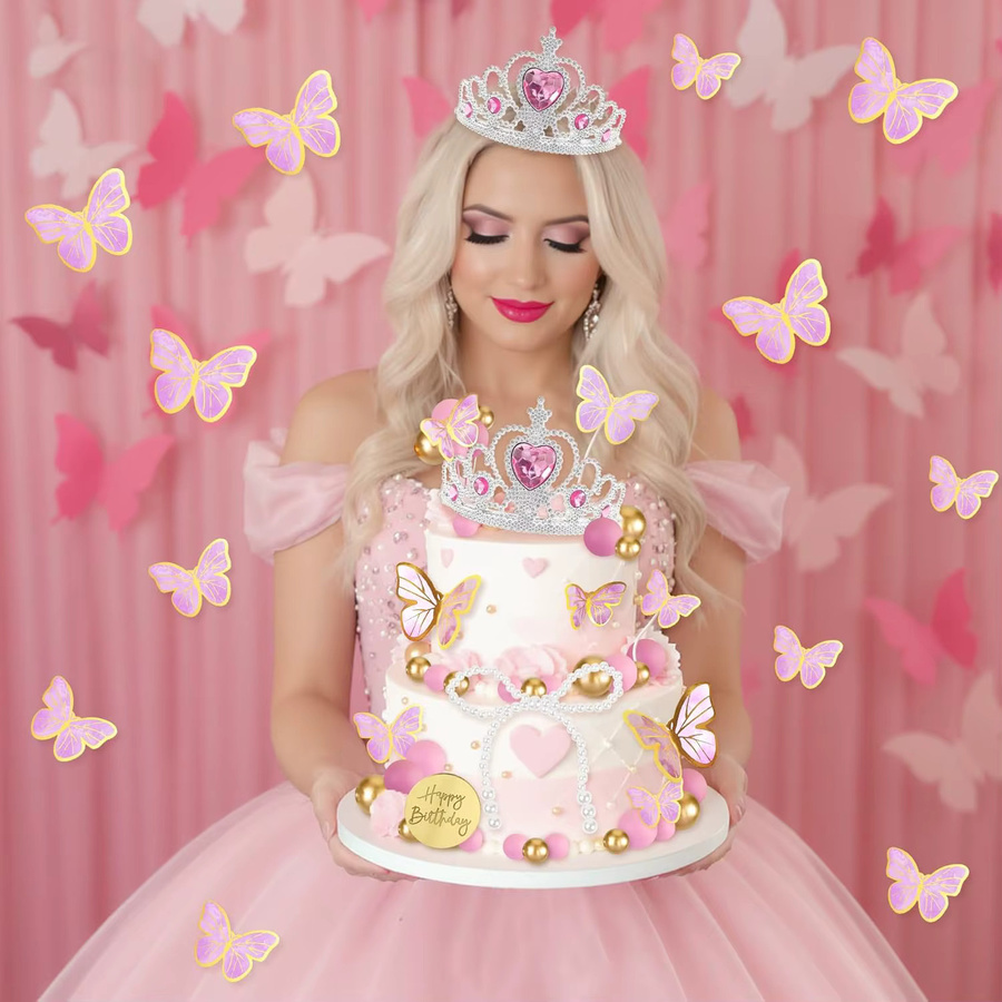 48 Stück Kronen-Kuchenaufsatz Set mit Schmetterlingen und Perlen in Pink für Hochzeit, Babyparty und Geburtstag - Bild 2