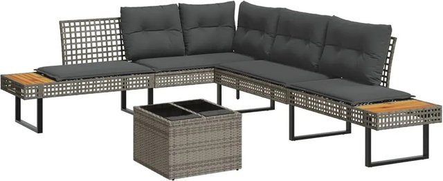 vidaXL 2-teilige Garten-Sofagarnitur in L-Form mit Tisch und Kissen in Grau aus Poly-Rattan und pulverbeschichtetem Stahl - Bild 1
