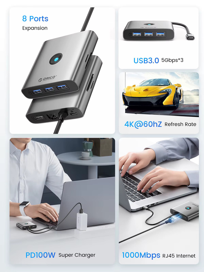 Orico USB-C Docking Station mit HDMI 4K 60Hz, RJ45 Ethernet und PD Splitter in Grau - Bild 2