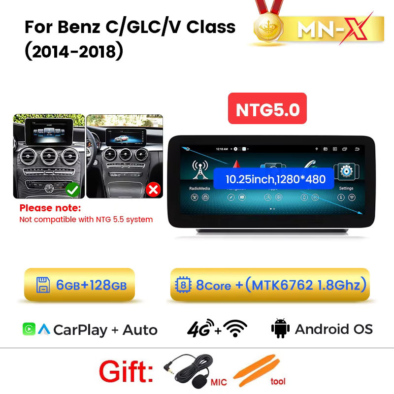 MEKEDE Android 15 Autoradio mit 8-Kern MTK6762, Kabelloses CarPlay und Android Auto, Multimedia-Navigation mit GPS, DSP, 4G LTE und WiFi für Mercedes-Benz C-Klasse W205, GLC X253 und V-Klasse W447, Schwarz - Bild 8
