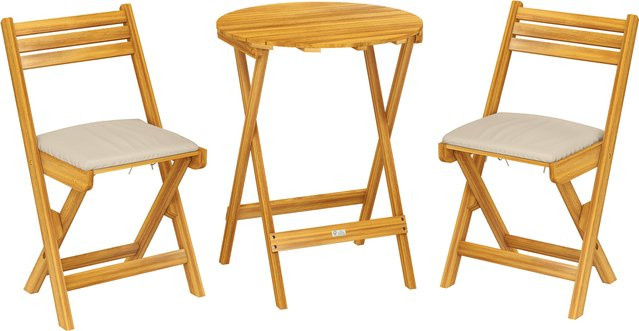 Outsunny Balkonmöbel Set 3-teilig aus FSC Akazienholz in Braun mit rundem Tisch, 2 Stühlen und atmungsaktiven Sitzkissen - Bild 1