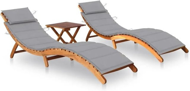 vidaXL Sonnenliegen Set aus Akazien-Massivholz mit Tisch und grauen Polstern - Bild 1