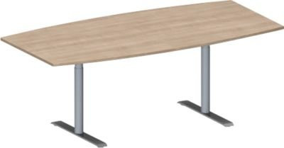 Schäfer Shop Genius Konferenztisch MODENA FLEX in Boot-Form mit T-Fuß Rundrohr, Eiche-Dekor und Weißaluminium, Breite: 200 cm, Höhe: 65-85 cm