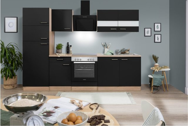 Respekta Küchenzeile KB270ESSCGKE mit integriertem Kühlschrank in Schwarz-Eiche Sägerau Nachbildung, Breite: 270 cm, Tiefe: 60 cm, Höhe: 200 cm - Bild 1