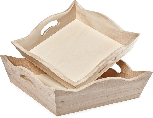 VBS Tablett-Schalen 2er-Set aus Rohholz in Beige, quadratisch im Landhaus-Stil, B: 24,5 cm, H: 6,0 cm, T: 2,0 cm - Bild 1