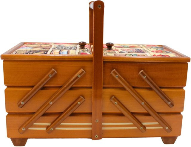Dekohelden24 Nähkästchen aus Furnierholz mit 7 Fächern und Stoffbezug Nadelmotiv in Mahagoni, B: 42 cm, T: 20 cm, H: 21 cm - Bild 1