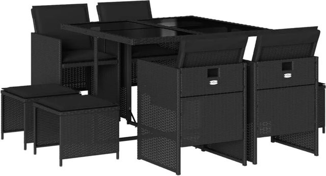 vidaXL 9-tlg Garten-Essgruppe aus PE-Rattan mit Kissen und Hartglas in Schwarz - Bild 1