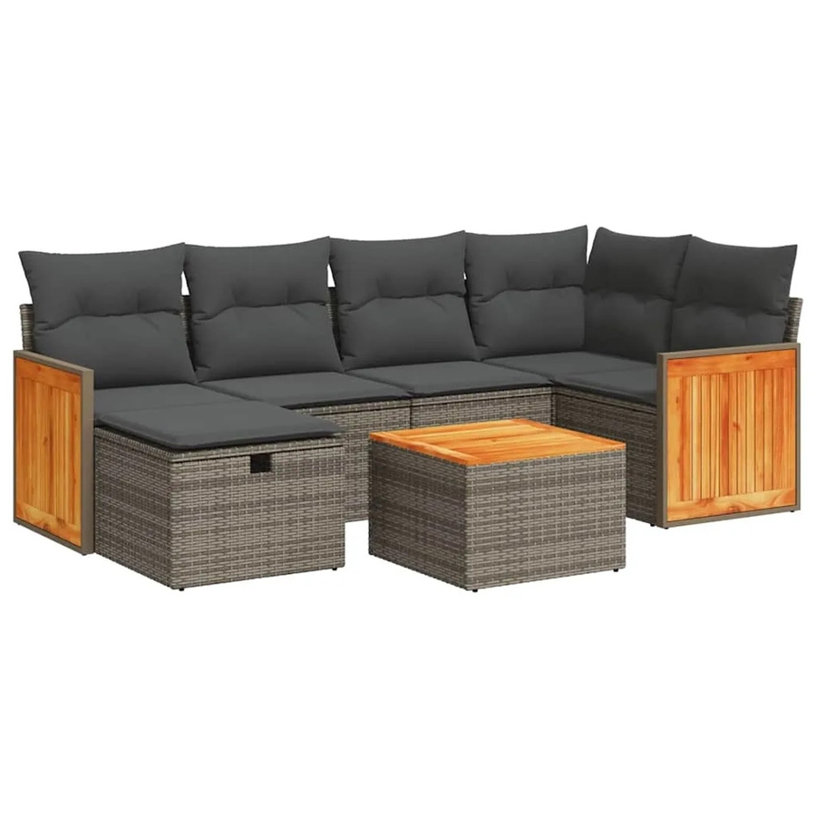 vidaXL 7-teilige Garten-Sofagarnitur aus Poly Rattan in Grau mit Kissen und Couchtisch für Terrasse und Garten - Bild 2