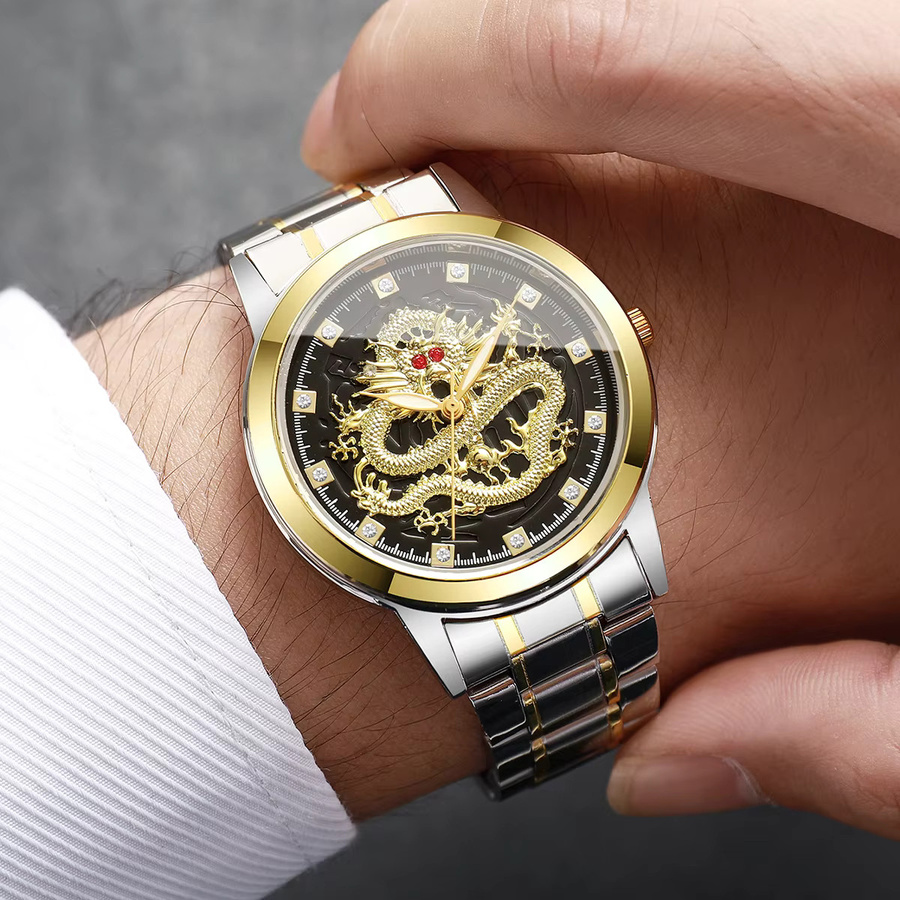 yolako Armbanduhr Quarz, Edelstahl, Gold, Drachen Zifferblatt, Herren - Bild 2