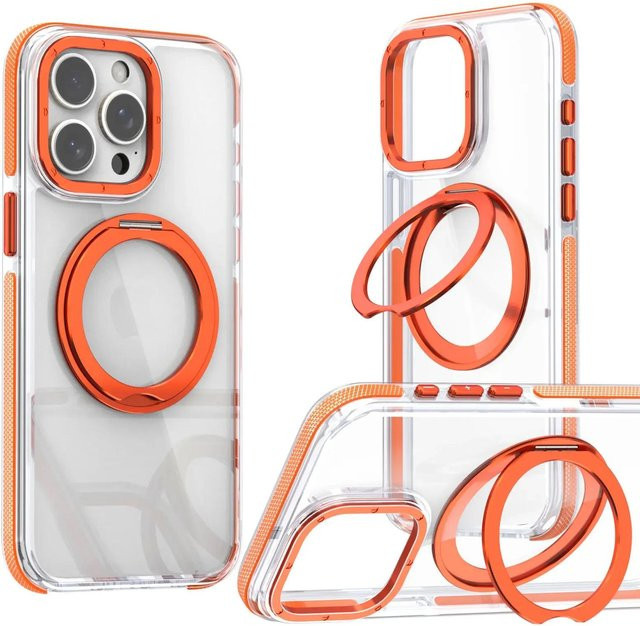 DANAISUFEI Magnetische transparente Hülle mit 360° Metallringständer für iPhone 16 15 14 13 12 Pro Max Plus, Orange - Bild 1