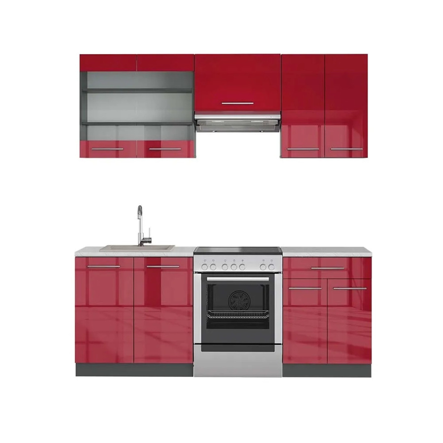 Vicco Fame-Line Küchenzeile Bordeaux Hochglanz und Anthrazit in moderner Designoptik mit Marmor-Dekor, Breite: 200 cm - Bild 2