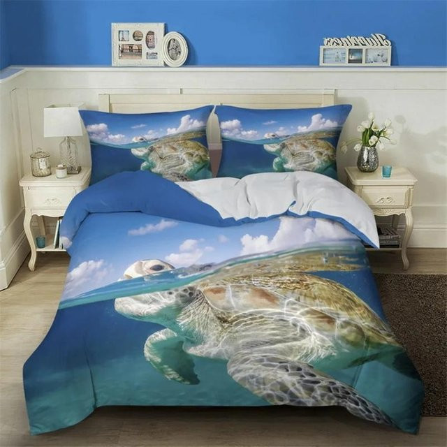 JMG Household Supplies Bettwäsche Set 3D Meeresschildkröte in Petrol und Blau mit mediterranem Ozean-Design aus Mikrofaser, Breite: 70 cm, Länge: 133 cm - Bild 1