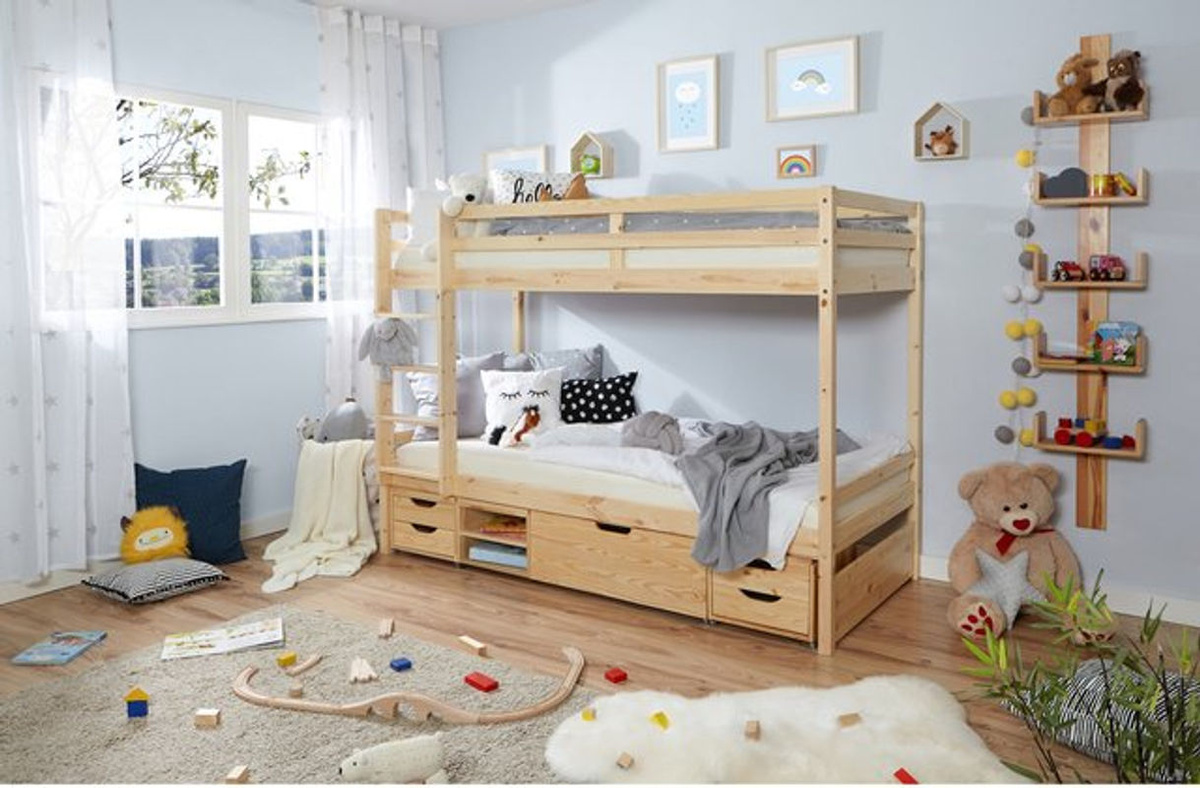 TiCAA Etagenbett Finn aus massivem Kiefer in Braun mit 4er Funktionsschubkasten, B/T/H: 209 x 96 x 151 cm - Bild 2