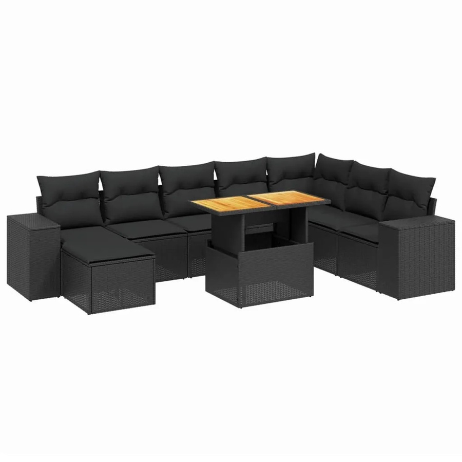 vidaXL 9-teilige Garten-Sofagarnitur aus Poly-Rattan und Akazienholz in Schwarz mit Kissen - Bild 2