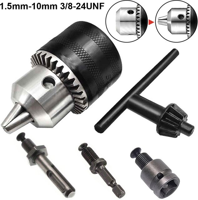 Bohrfutter-Adapter Set mit Spannfutterschlüssel für Schlagschrauber-Bits, 3/8–24UNF-Montage, 1,5–10 mm Spannweite, Sechskantschaft und SDS-Plus-Sockel, Farbe: Silber - Bild 1