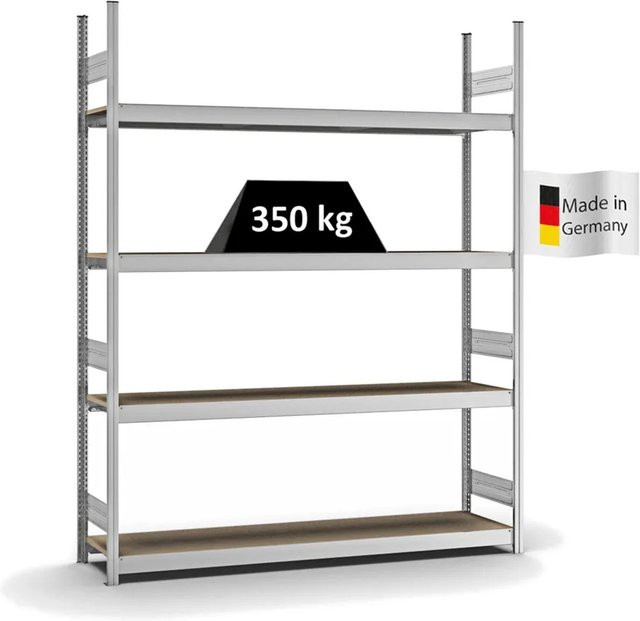 PROREGAL Weitspannregal Stecksystem T-Profil in Silber, verzinkt, H x B x T: 250 x 200 x 40 cm, 4 Ebenen mit Spanplatten-Fachböden, Fachlast 350 kg - Bild 1