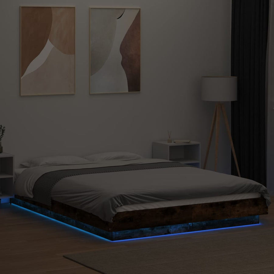 vidaXL Bettgestell modern aus Holzwerkstoff mit LED-Unterbettbeleuchtung und USB-Ladeport, Farbe: Braune Räuchereiche, B/T/H: 120 x 200 x 140 cm - Bild 4