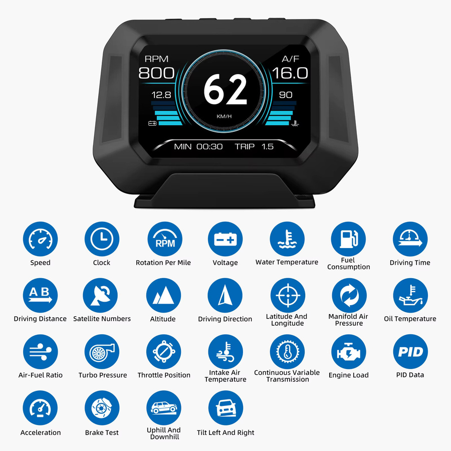 MAIMEIMI P21 Head-Up-Display mit GPS, OBD2-Diagnose und 4x4 Neigungsmesser in Schwarz - Bild 3