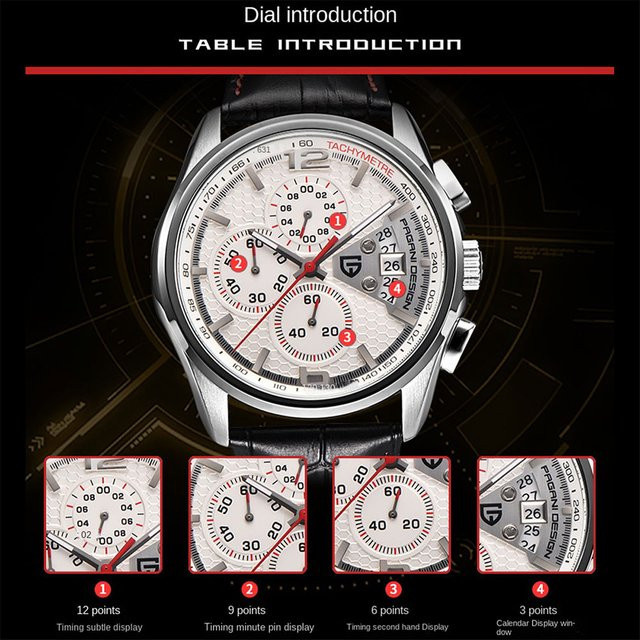 PAGANI DESIGN Chronograph, Quarz, Edelstahl, Leder, Weiß, Herren - Bild 1