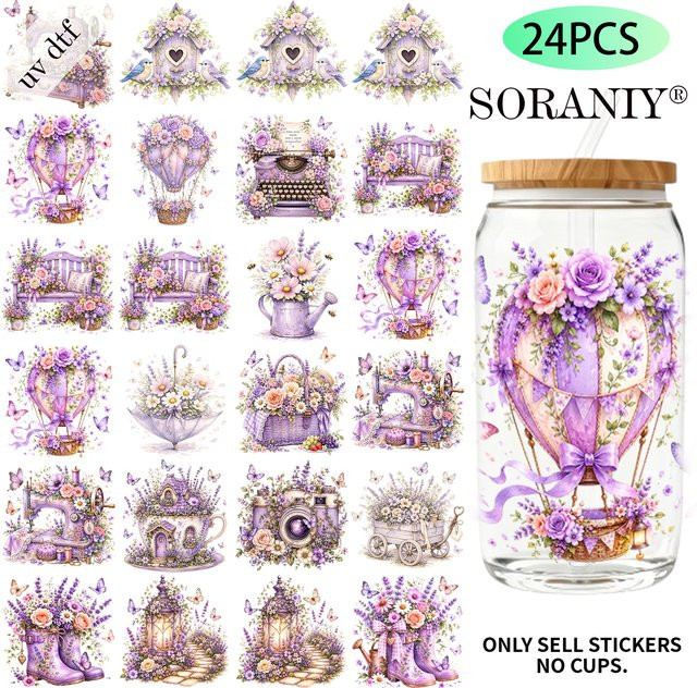 24-teiliges UV-DTF-Transferpapier-Set Lavendel-Cottagecore-Design in Lila für 16oz Wasserflaschen zum Selbermachen - Bild 1