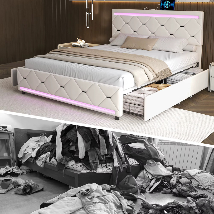 fangange Bettgestell mit Samtbezug in Beige mit vier Aufbewahrungsschubladen, LED-Farbwechselbeleuchtung und USB-Ladeanschlüssen, robustes Metall-Holzlattenrost-Bett, 160 x 200 cm - Bild 4