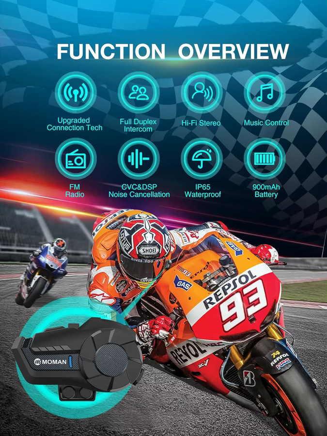 Moman Mesh Bluetooth 5.1 Helm-Intercom-Headset für Motorrad mit 1000m Funkreichweite in Schwarz - Bild 2