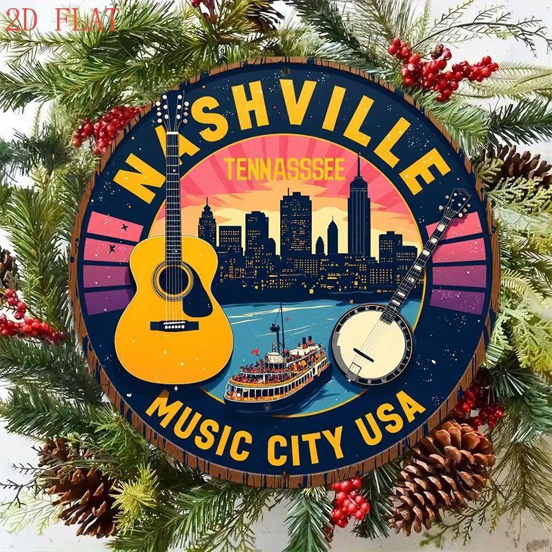 Potdemiel Nashville Tennessee Music City USA Metall-Wanddekoration Rundschild mit Skyline, Gitarre und Banjo in Multicolor - Bild 4