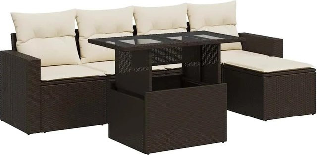 vidaXL 6-teilige Garten-Sofagarnitur aus braunem Poly-Rattan mit Kissen aus Polyester und pulverbeschichtetem Stahl - Bild 1